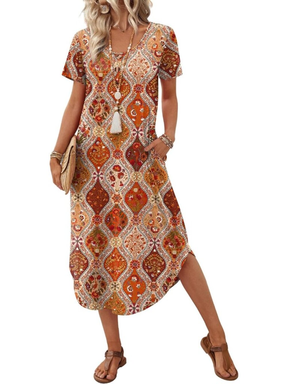 Women's Floral Boho Casual Maxi Dresses Beach Vacation Outfit Pocket T Shirt